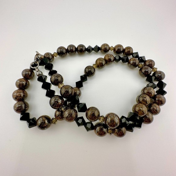 Necklace Round Bronzite Faceted Black Bicone Crystal Beads 20" L - Picture 1 of 8